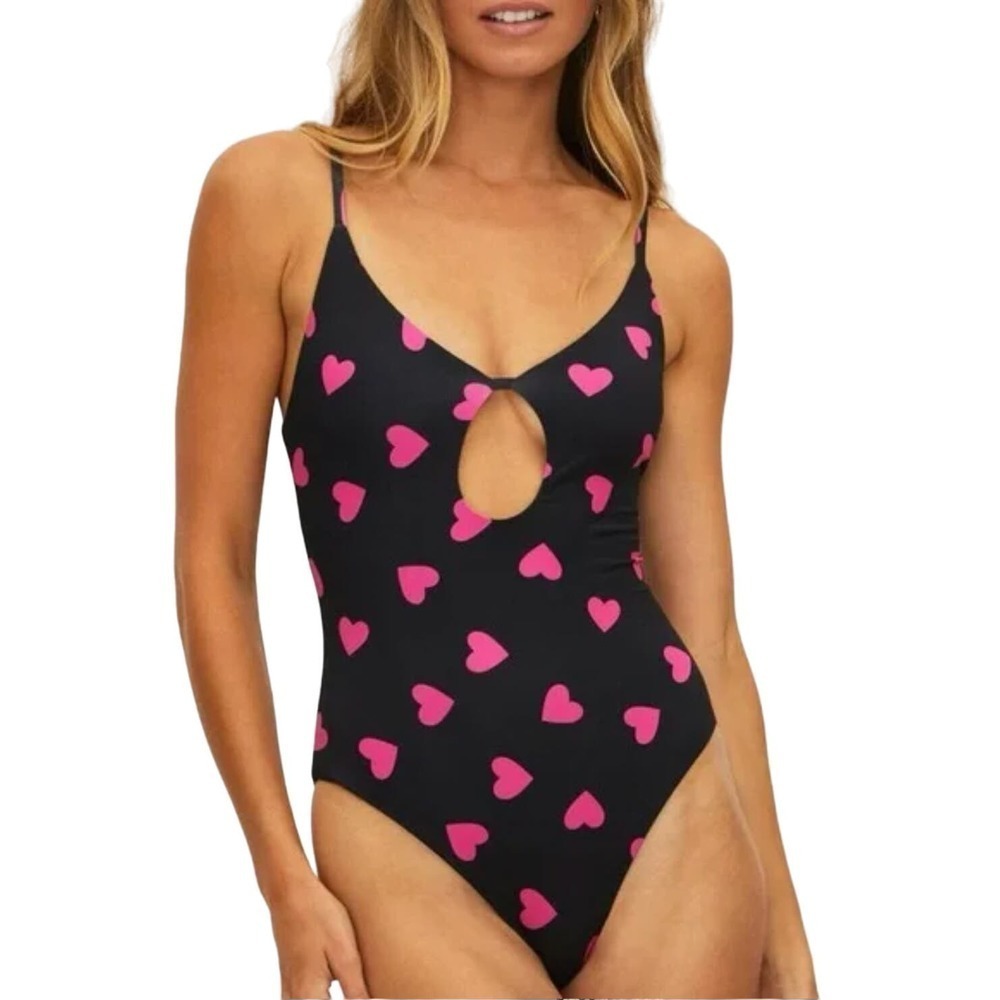 Beach‎ Riot Priscilla Tough Love One Piece Swimsuit Size L Black Pink Hearts